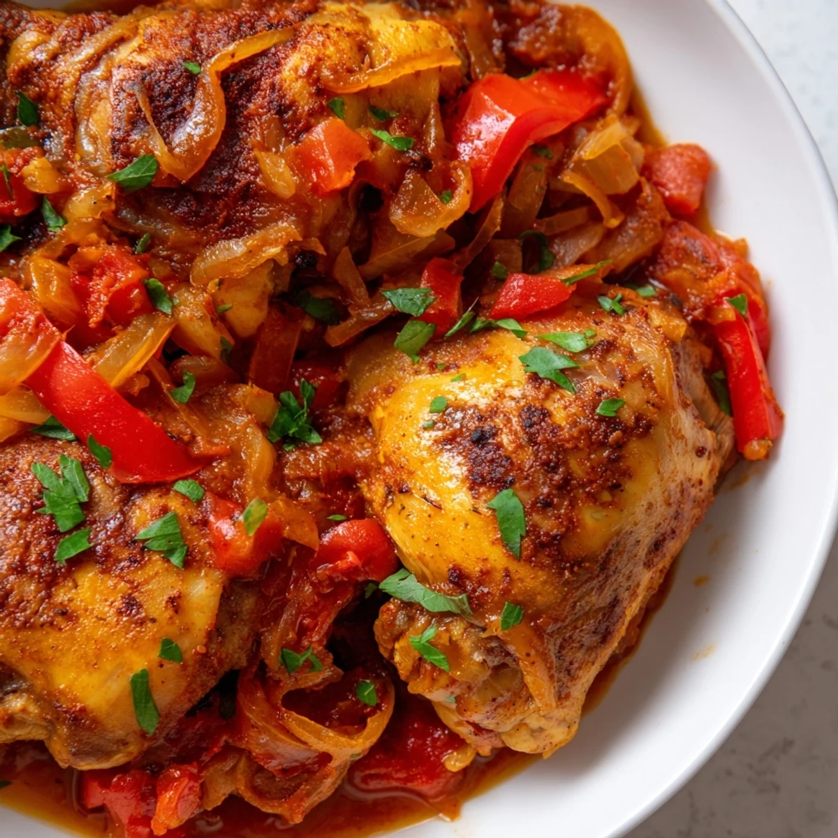 Tender Senegalese chicken thighs in thick, spiced tomato gravy served over fluffy white rice