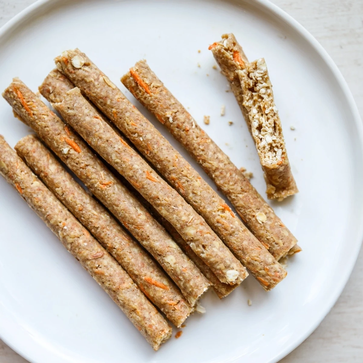 Golden brown apple and carrot dog chew sticks arranged on a parchment-lined baking sheet