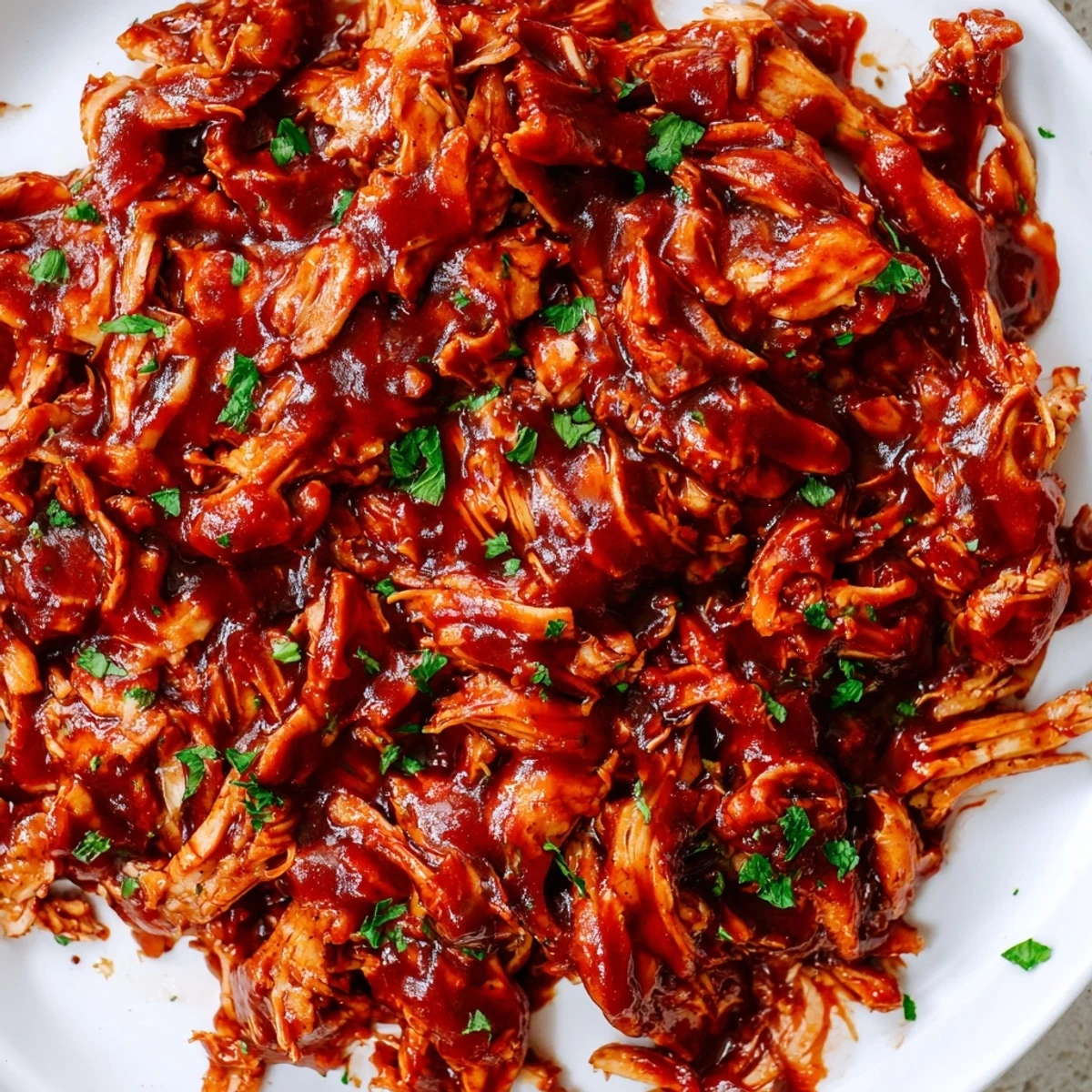Tender Sweet Baby Ray's Crockpot Chicken glazed with rich, glossy barbecue sauce on a white plate