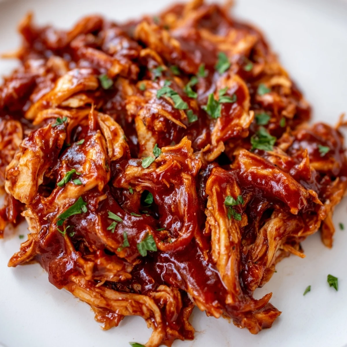 Juicy shredded Sweet Baby Ray's Crockpot Chicken dripping with tangy sauce and fresh parsley garnish