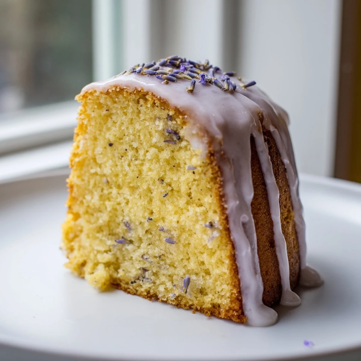 Fragrant lavender cake topped with lemon glaze and sprinkled with purple buds on white plate