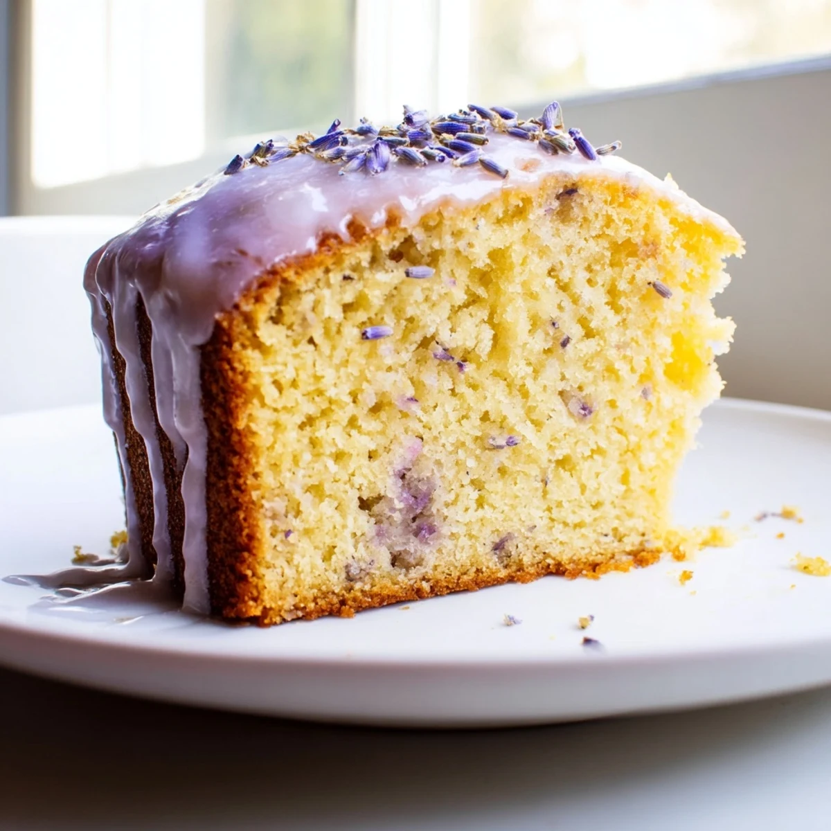 Soft lavender cake slice on decorative plate showing tender crumb and sweet icing drizzle
