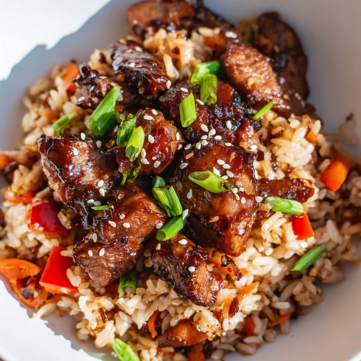 Golden Korean BBQ Chicken and Rice served steaming in a cast iron skillet