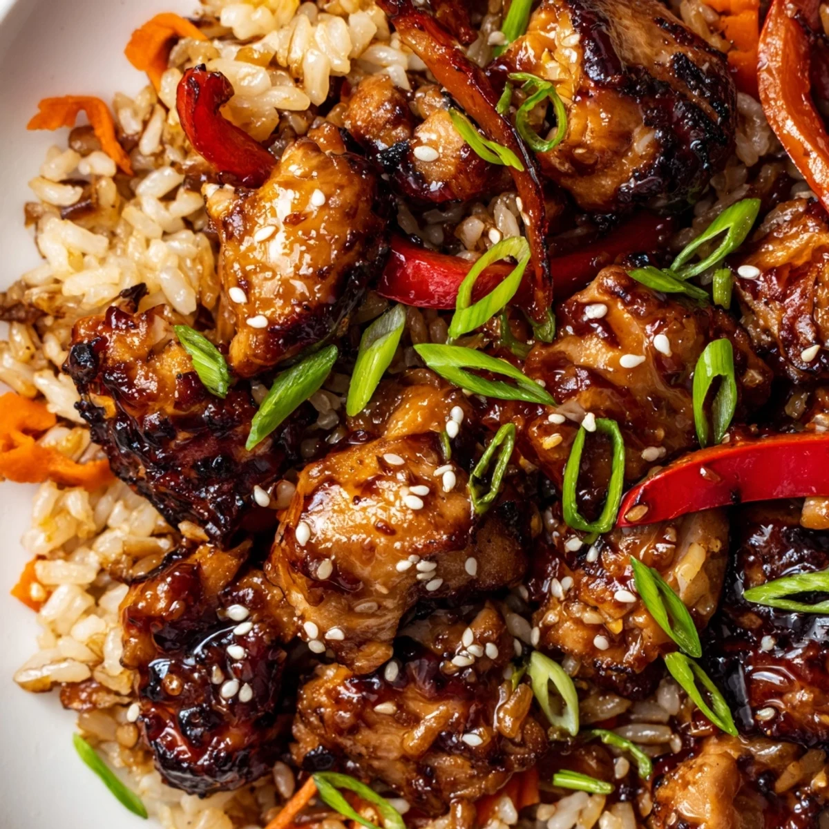 One Pan Korean BBQ Chicken and Rice topped with sesame seeds