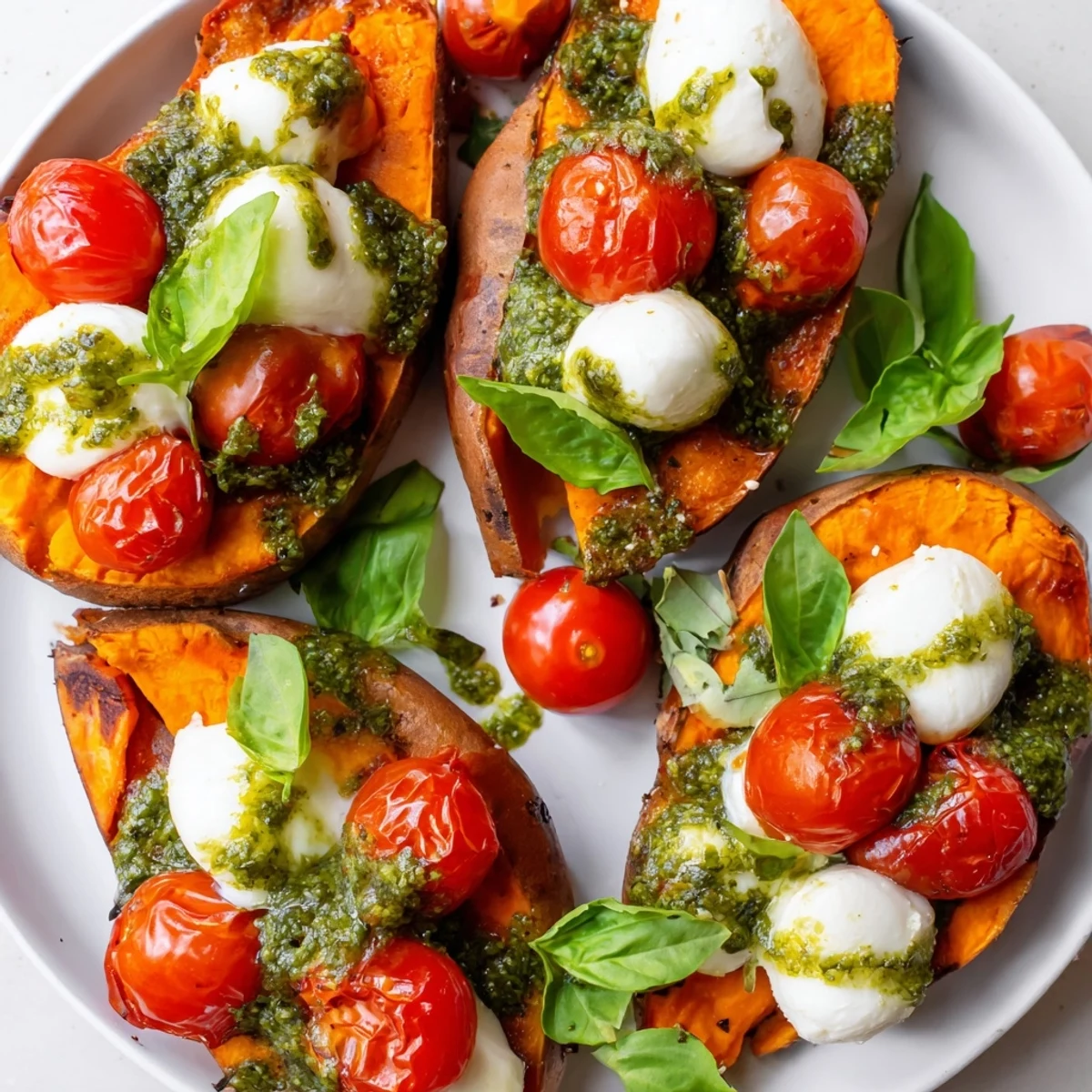 Roasted sweet potatoes topped with tomatoes mozzarella and pesto on a rustic serving board