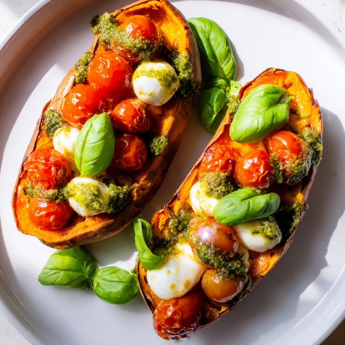 Golden roasted sweet potatoes with juicy tomatoes creamy mozzarella and fresh green pesto drizzle