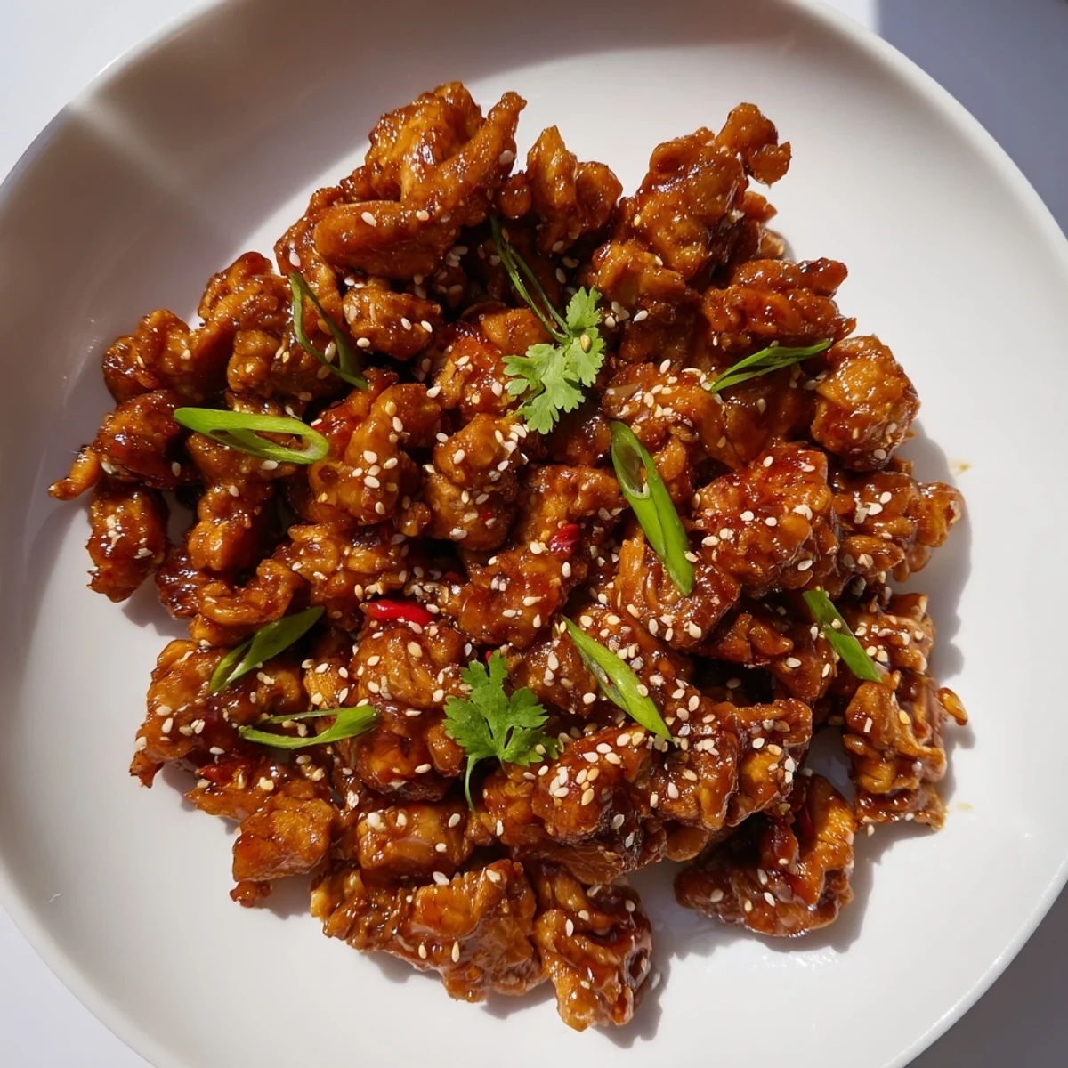 Slow Cooker Sweet Chili Chicken glistening with sticky sauce and fresh green onion garnish
