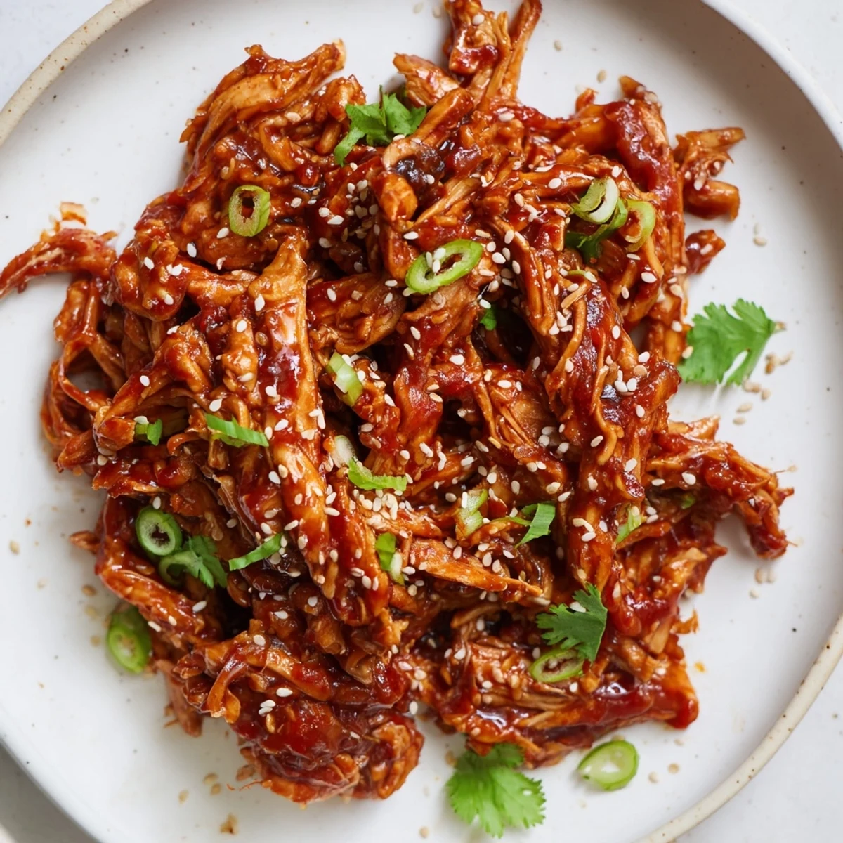 Tender Slow Cooker Sweet Chili Chicken topped with sesame seeds on a white plate