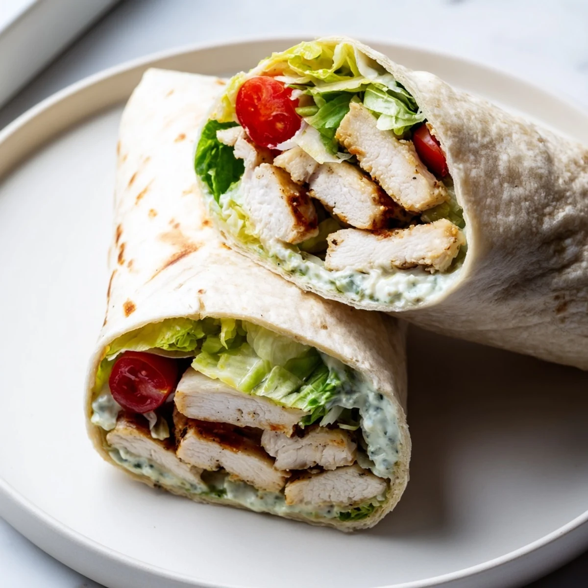 Golden chicken Caesar wraps sliced open to reveal crisp romaine and creamy dressing inside