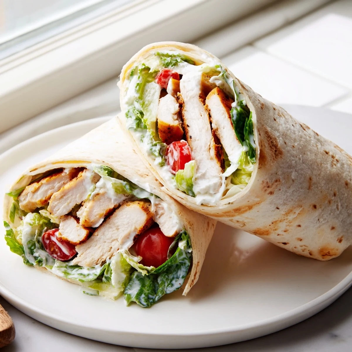 Grilled chicken Caesar wraps topped with shaved Parmesan and fresh romaine lettuce leaves