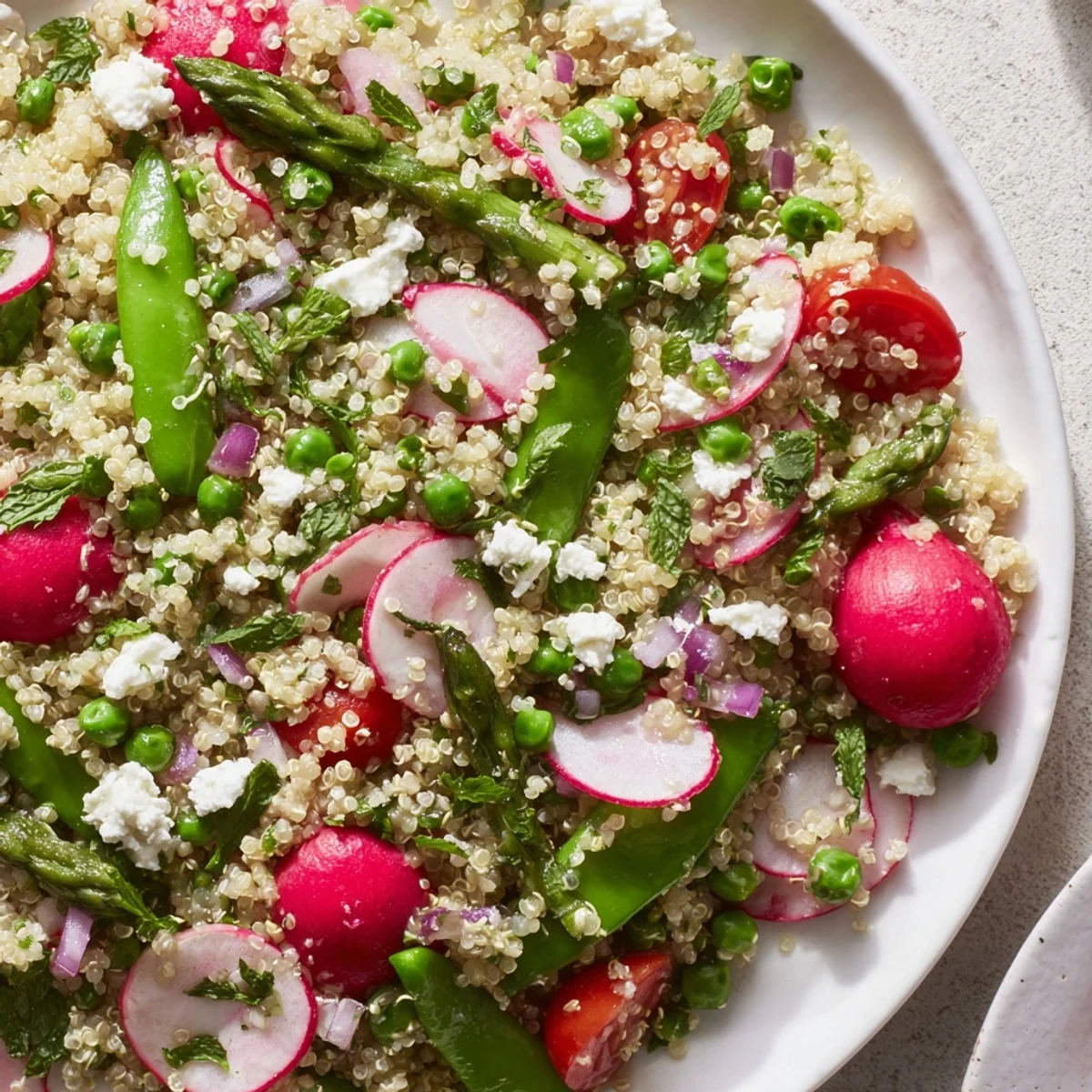 A vibrant spring vegetable quinoa salad in a rustic bowl with fresh herbs