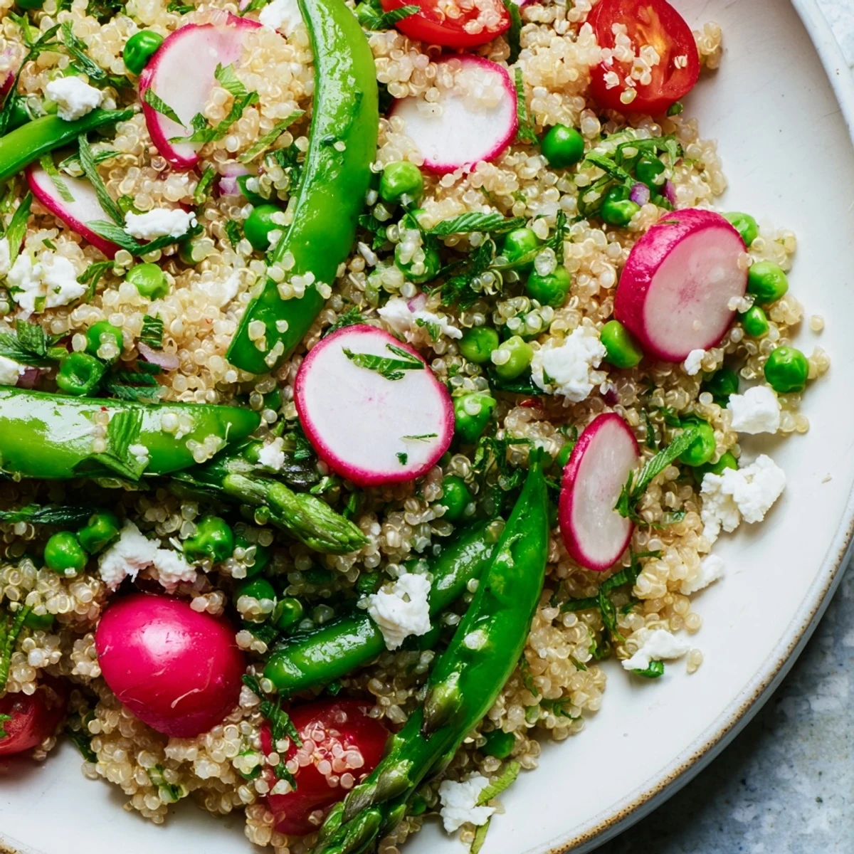 Fluffy spring vegetable quinoa salad topped with crumbled feta and bright lemon dressing