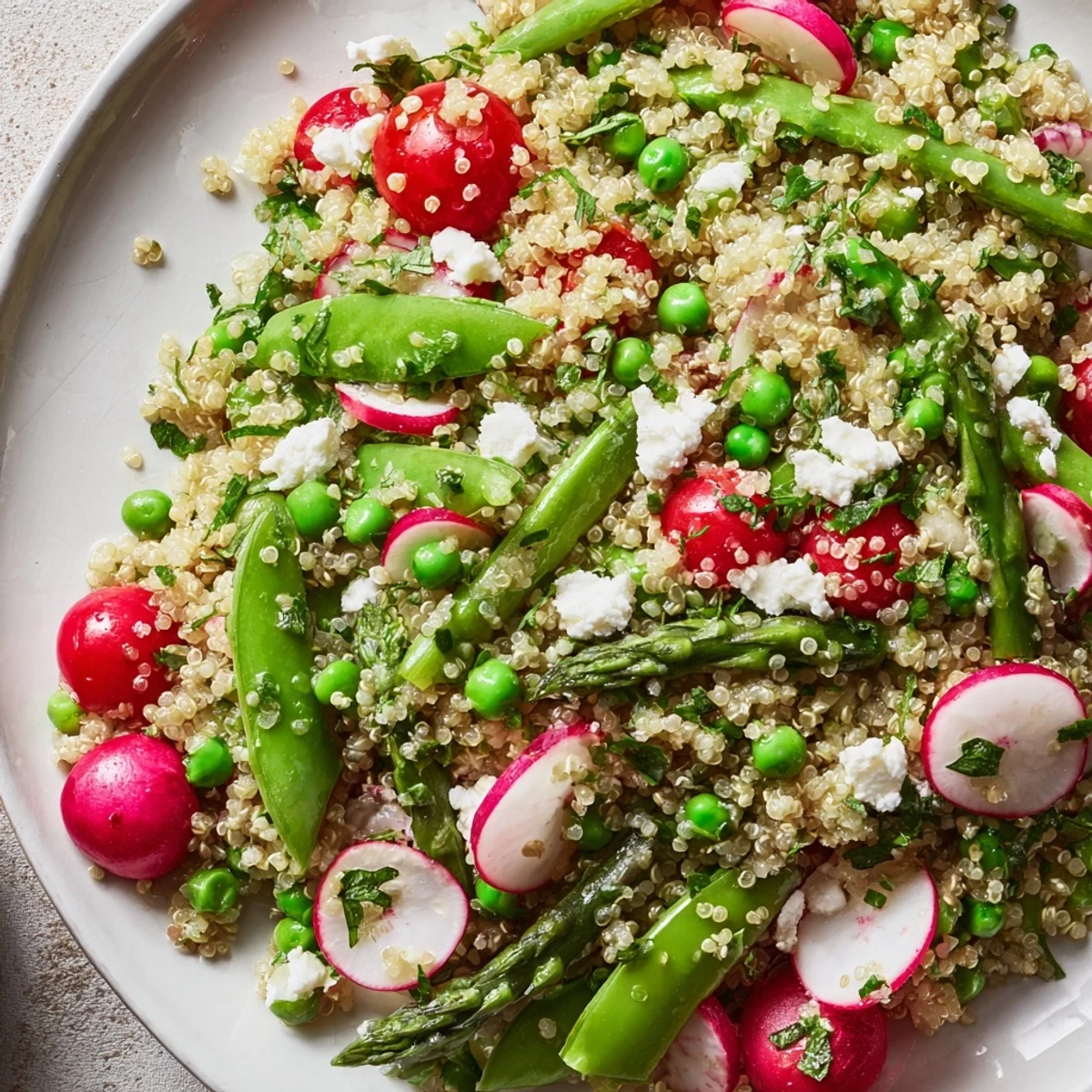 Colorful spring vegetable quinoa salad featuring crisp asparagus, radishes, and snap peas