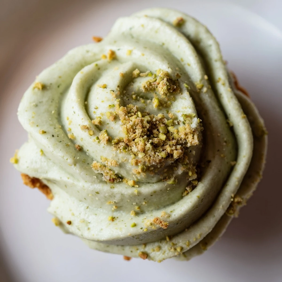 Green pistachio cupcakes with creamy buttercream frosting topped with crushed nut garnish on white liner