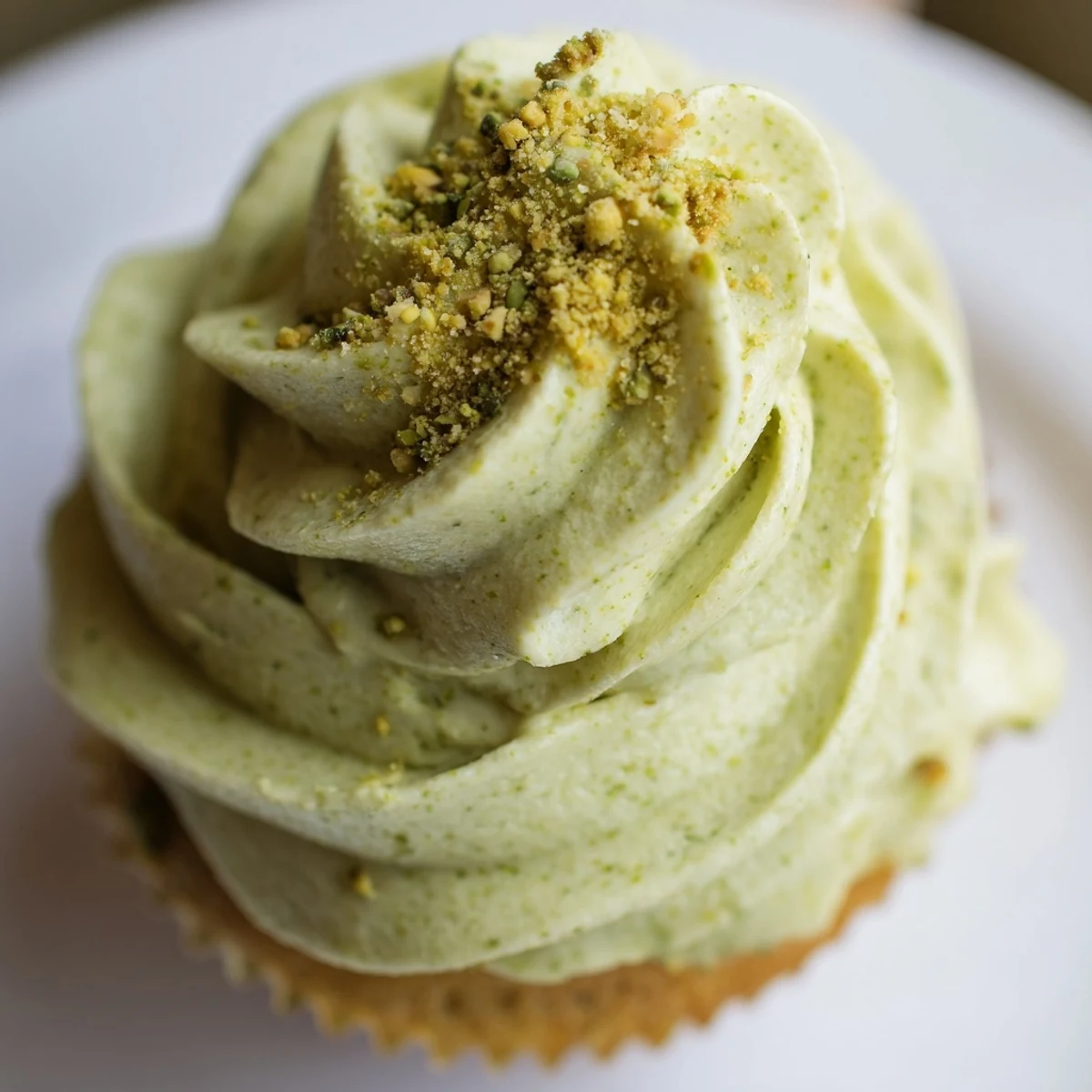 Moist pistachio cupcakes swirled with fluffy green buttercream and sprinkled with chopped roasted nuts