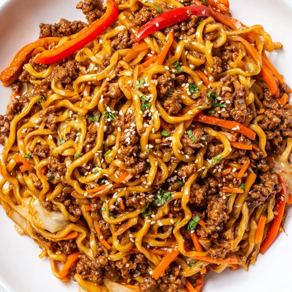 Asian ground beef noodles topped with sesame seeds and fresh green onion garnish