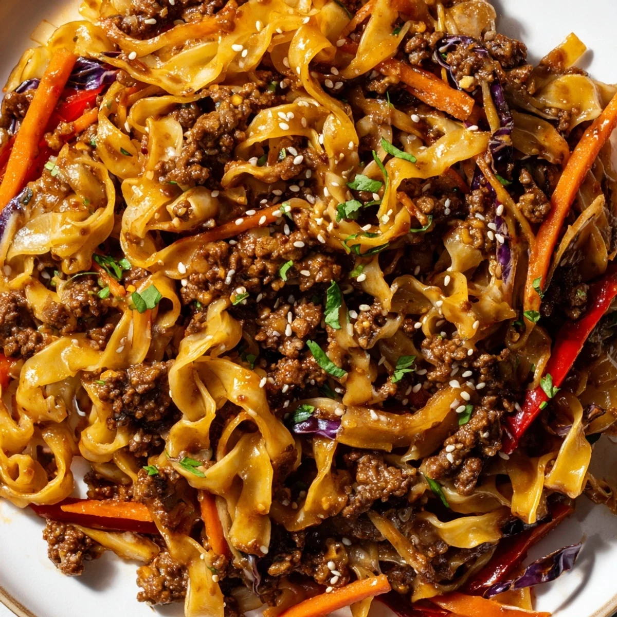 Savory Asian ground beef noodles tossed with colorful vegetables in glossy sauce