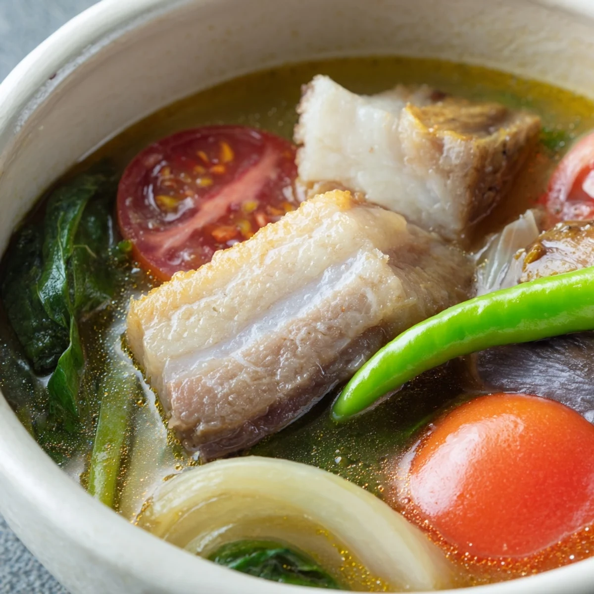 Steaming bowl of Filipino Sinigang sour soup with tender pork and fresh vegetables