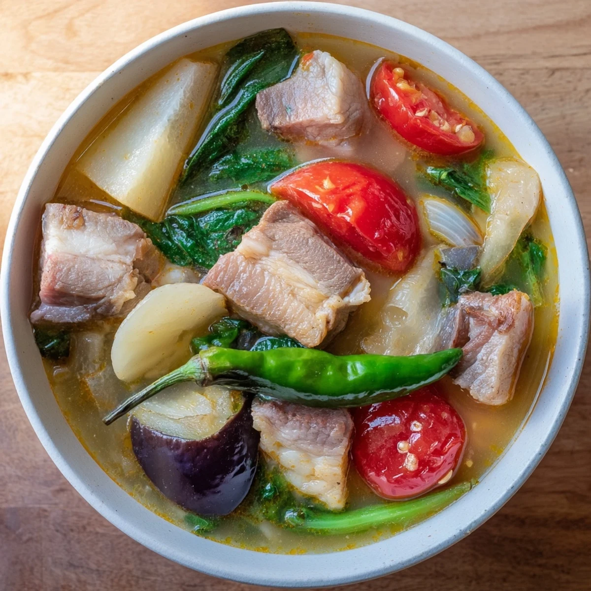 Filipino Sinigang sour soup served bubbling hot over fluffy steamed white rice