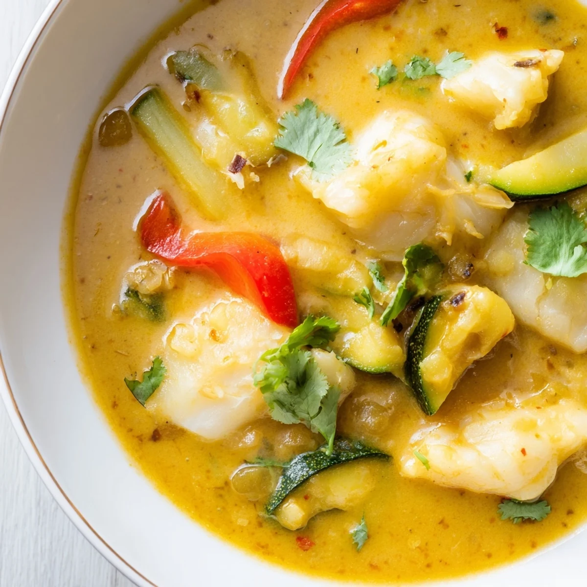Creamy coconut white fish stew ladled into a bowl with fresh cilantro and lime wedges