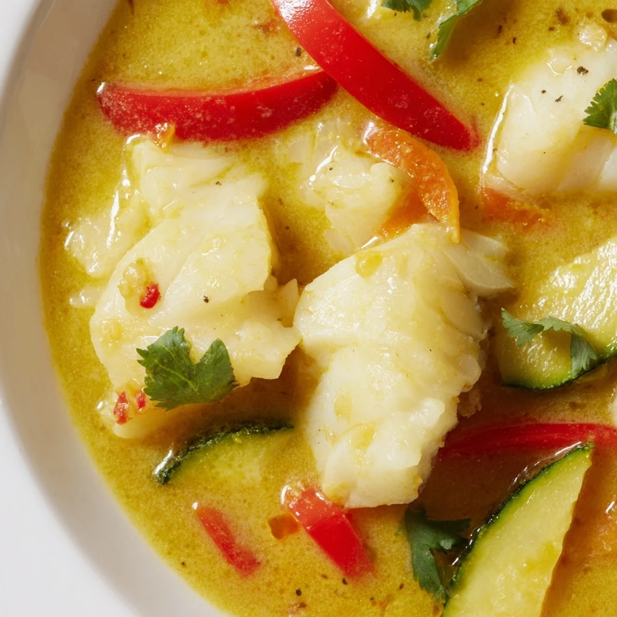 Steaming bowl of coconut white fish stew served over jasmine rice with a lime garnish