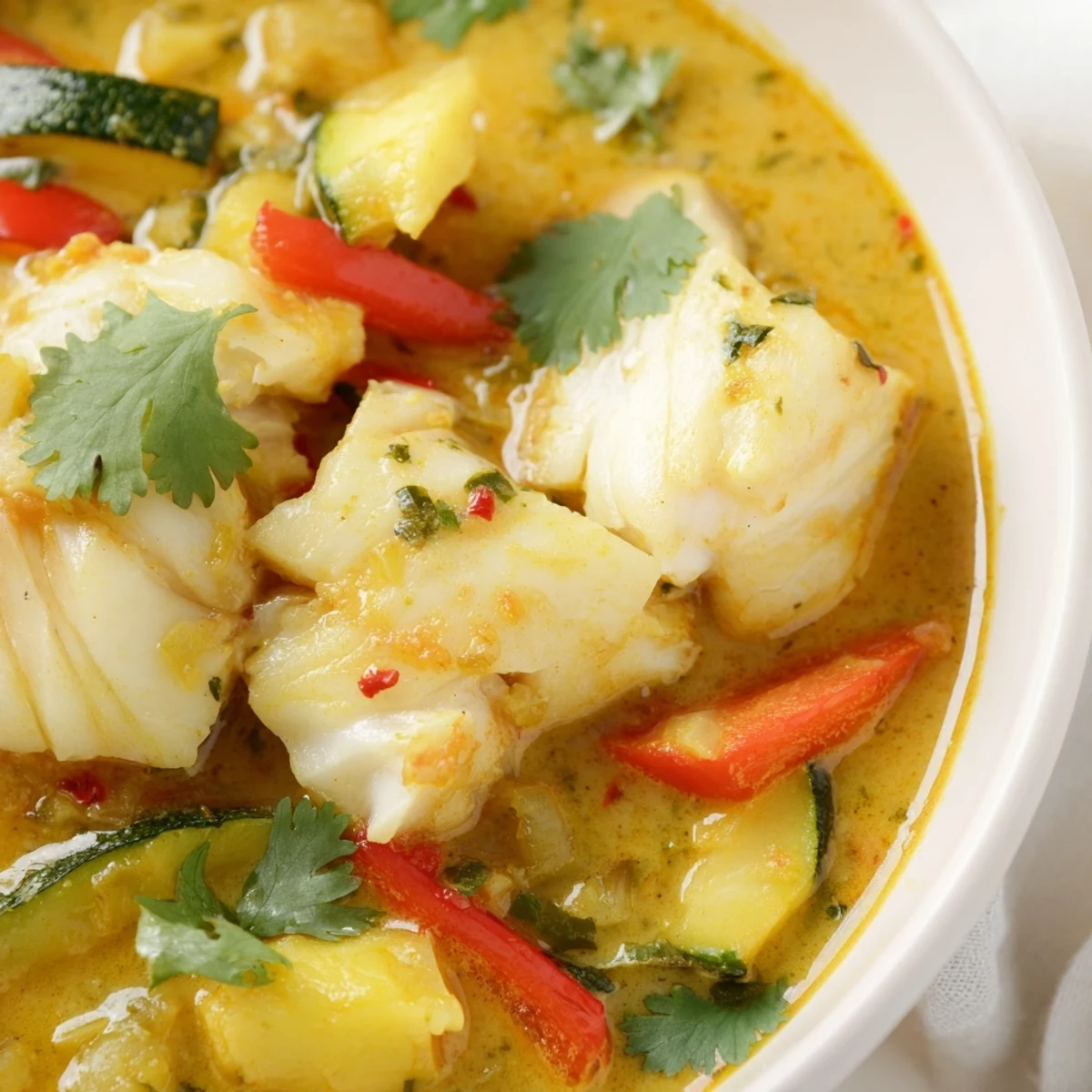 Tender chunks of white fish in golden coconut broth with colorful bell peppers and zucchini