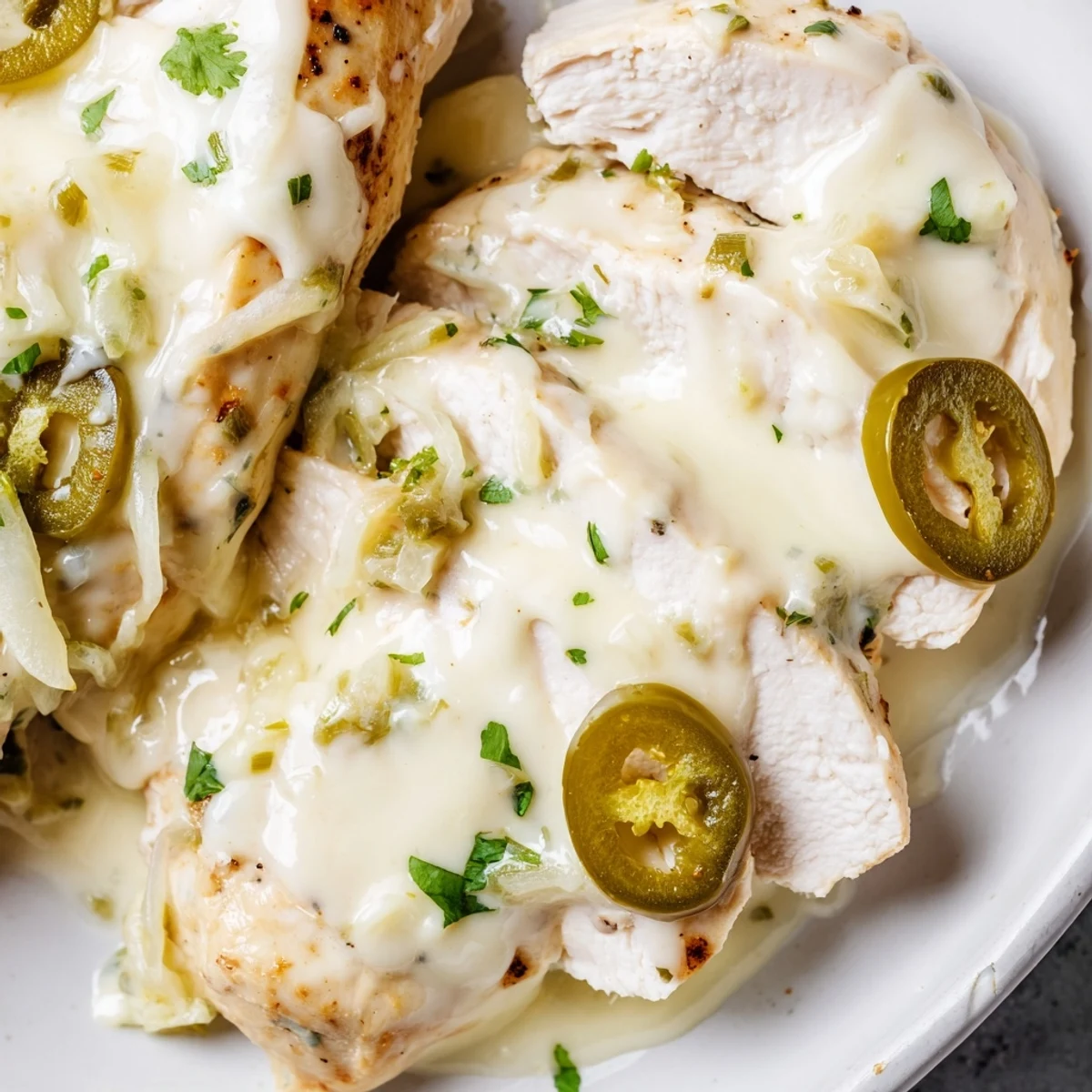 Creamy jalapeno chicken with golden seared breasts smothered in spicy cheese sauce