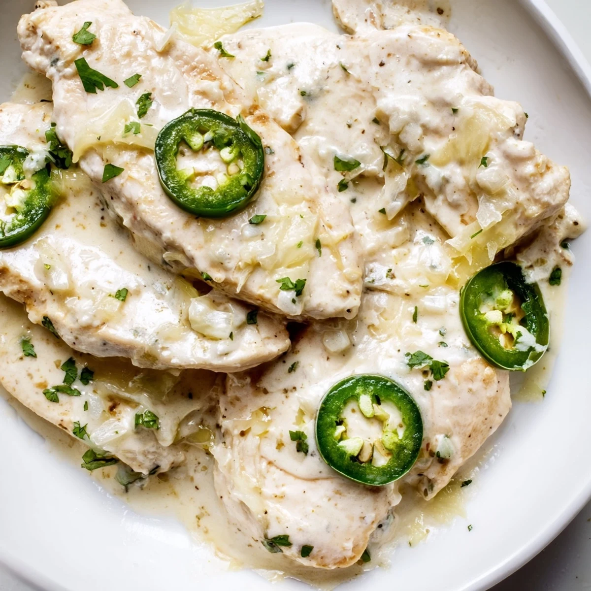 Jalapeno chicken breasts topped with melted Monterey Jack and fresh cilantro garnish