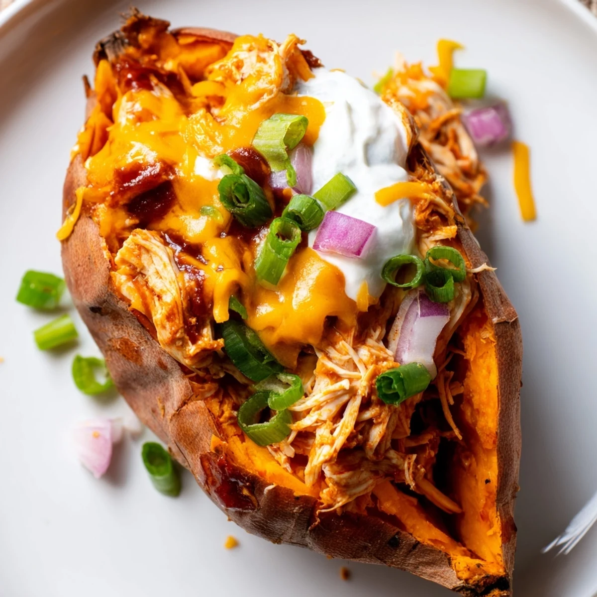 BBQ Chicken Stuffed Sweet Potatoes topped with melted cheddar and fresh green onions