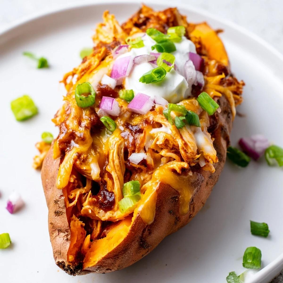 Crispy-skinned sweet potatoes overflowing with tender BBQ chicken and gooey melted cheese