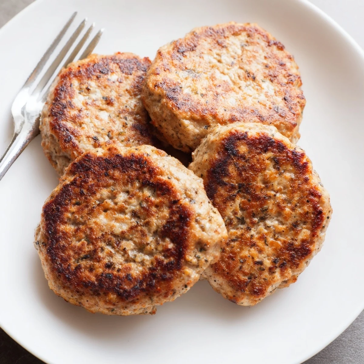 Golden brown ground turkey sausage patties sizzling in a cast iron skillet ready for breakfast