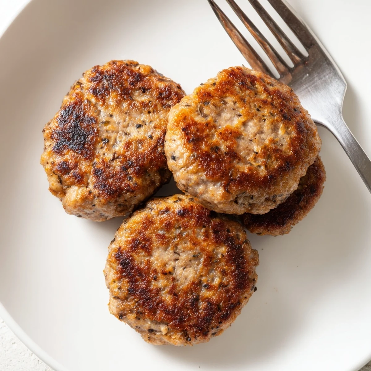 Homemade ground turkey sausage seasoned with sage and paprika served warm on a white plate