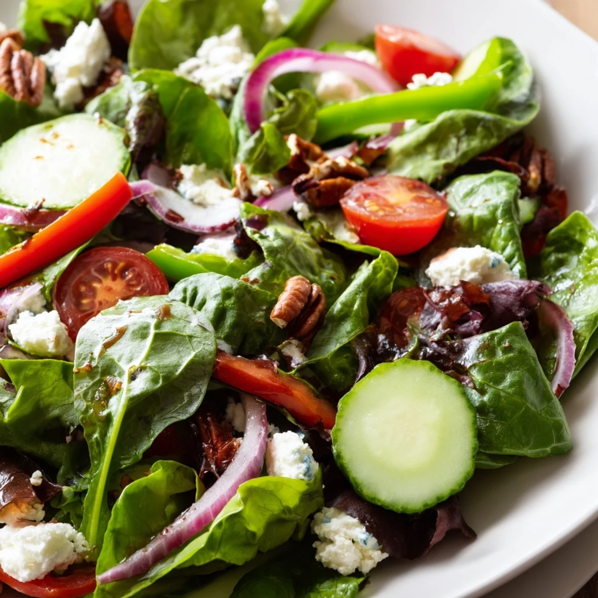 Fresh spring mix salad with colorful vegetables and tangy balsamic dressing in wooden bowl