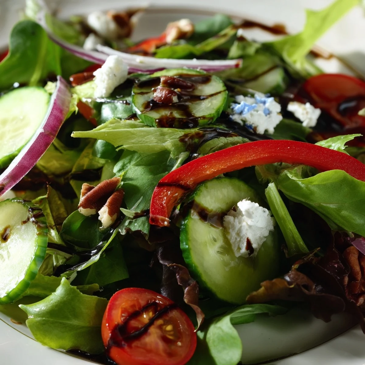 Crisp spring mix salad topped with crumbled feta cherry tomatoes and toasted pecans
