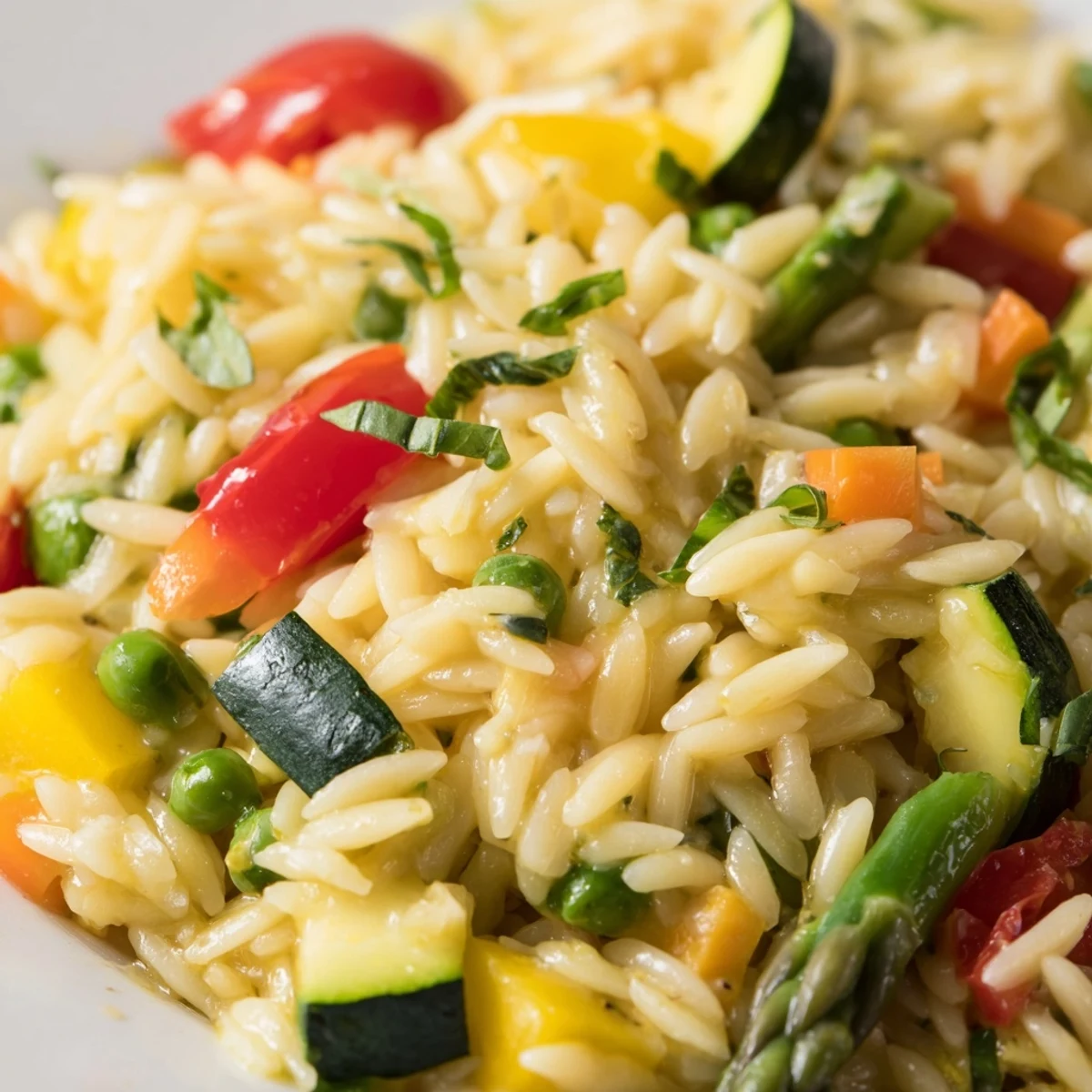 Orzo Primavera served in white bowl topped with Parmesan and bright green basil
