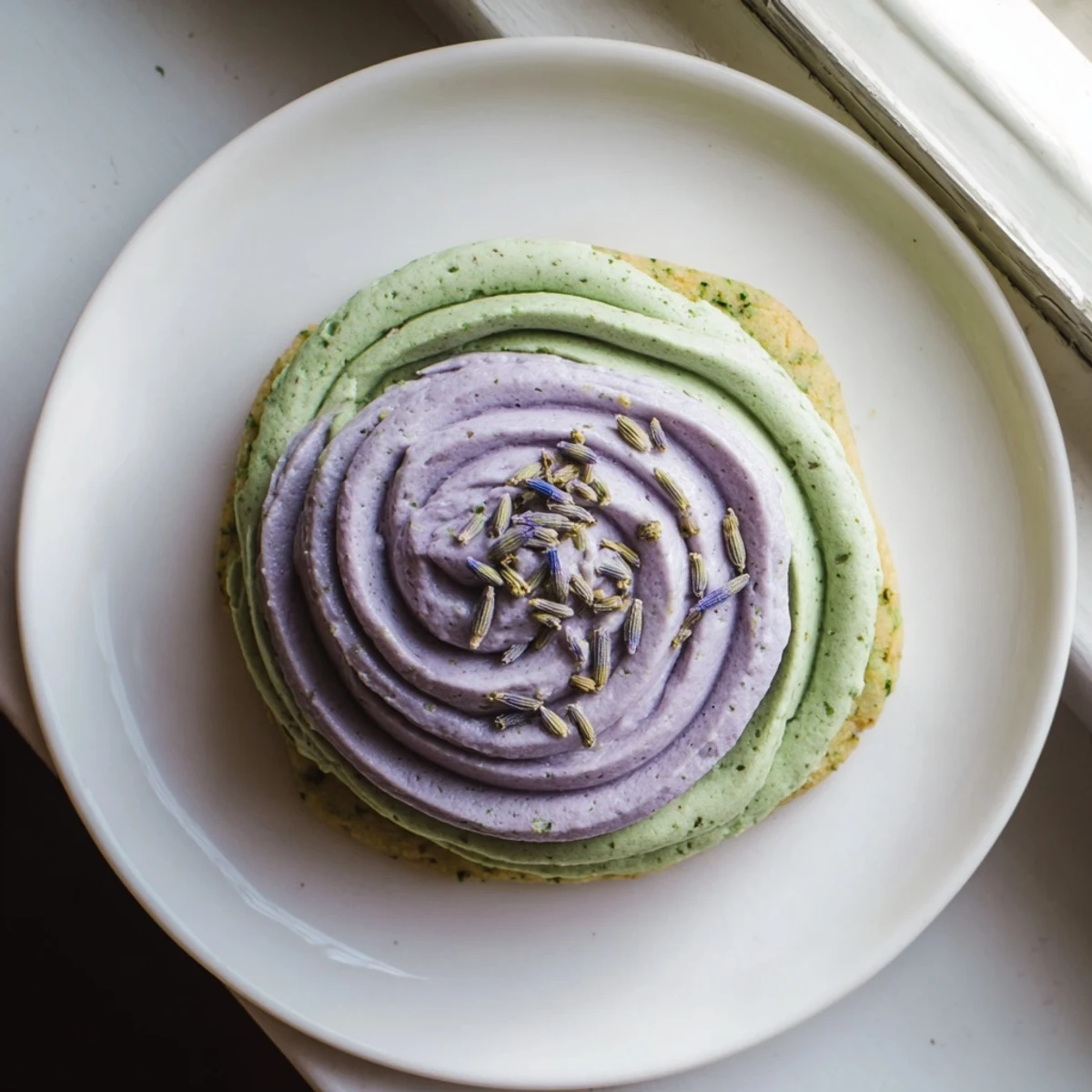 Soft green matcha sugar cookies with swirls of creamy lavender frosting arranged on a rustic wooden board.