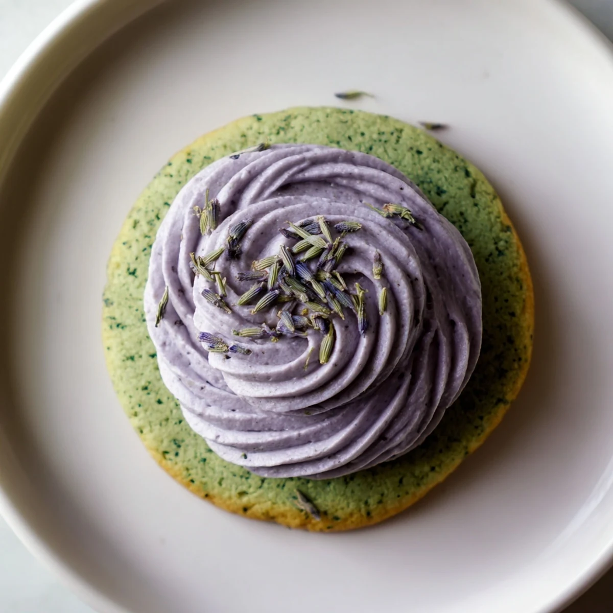 Delicate matcha sugar cookies topped with purple lavender buttercream and garnished with fragrant culinary lavender buds.
