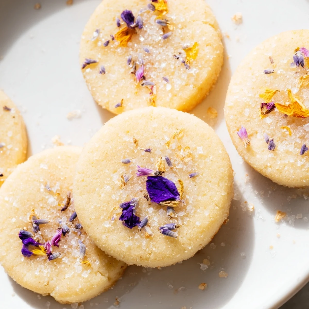 Golden Spring Blossom Cookies topped with colorful edible flowers on a rustic ceramic plate