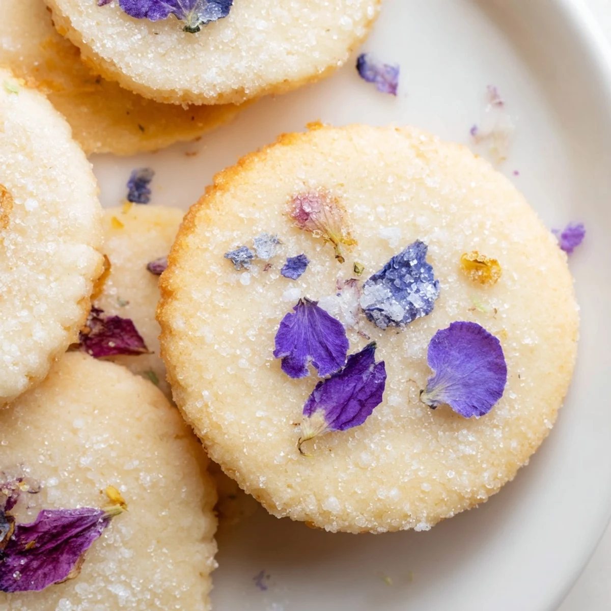 Buttery Spring Blossom Cookies arranged on parchment with delicate purple and pink floral garnishes