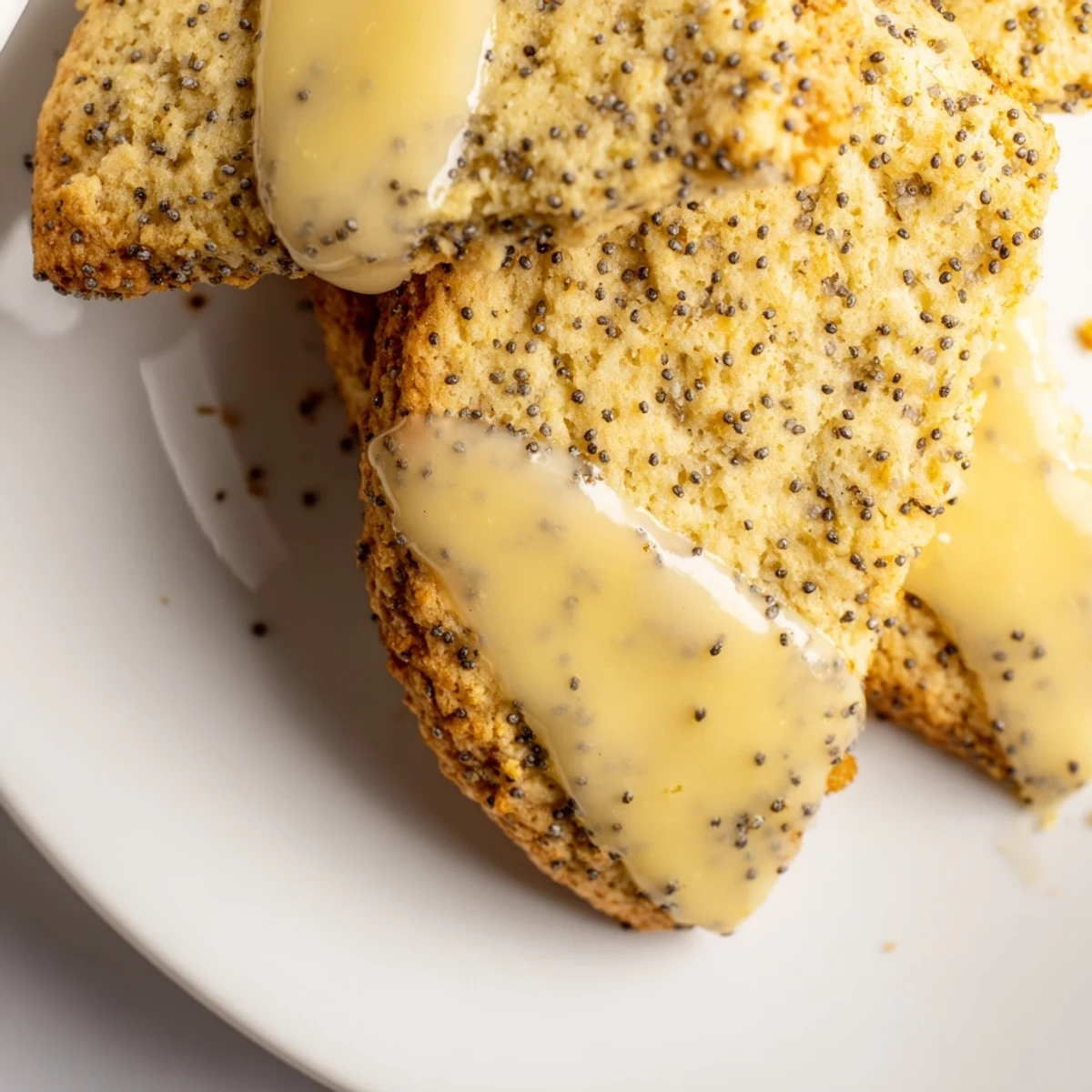 Golden lemon poppy seed cookies with crackly tops drizzled with sweet citrus glaze on a rustic baking sheet