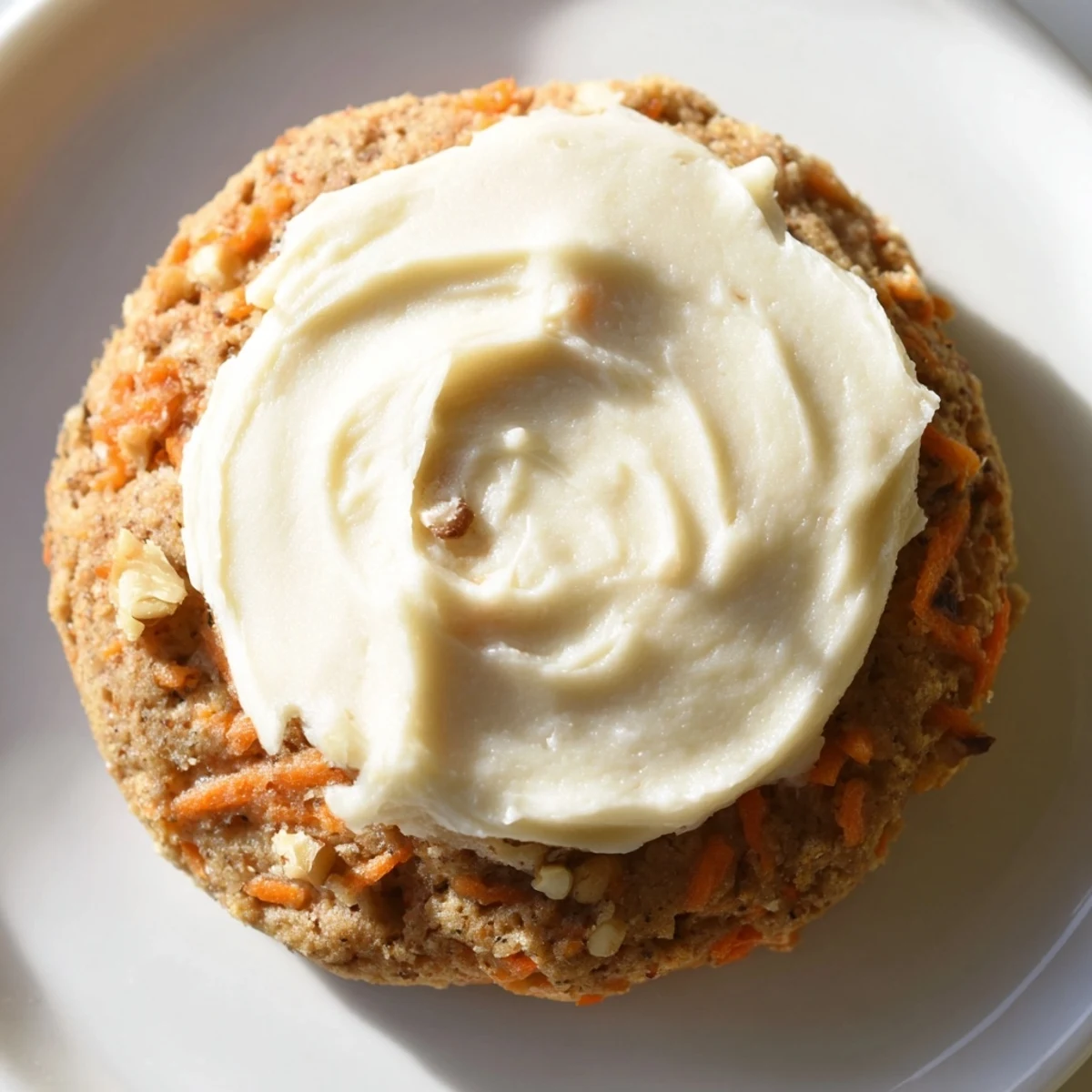 Chewy, warmly spiced Crumbl carrot cake cookies with rich cream cheese frosting and crunchy walnut garnish on top.