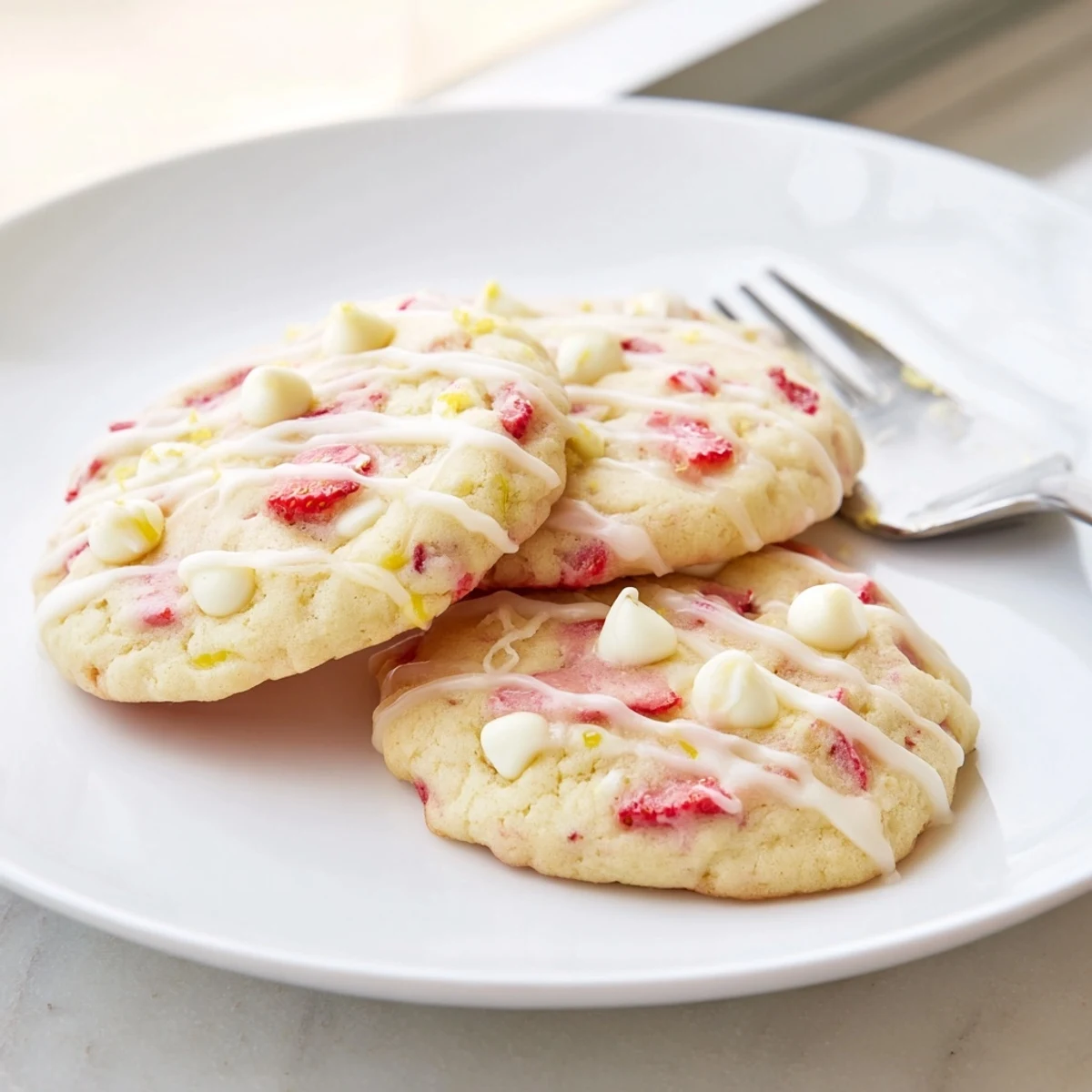 Chewy strawberry lemonade cookies with pink fruit bits and golden edges on white parchment