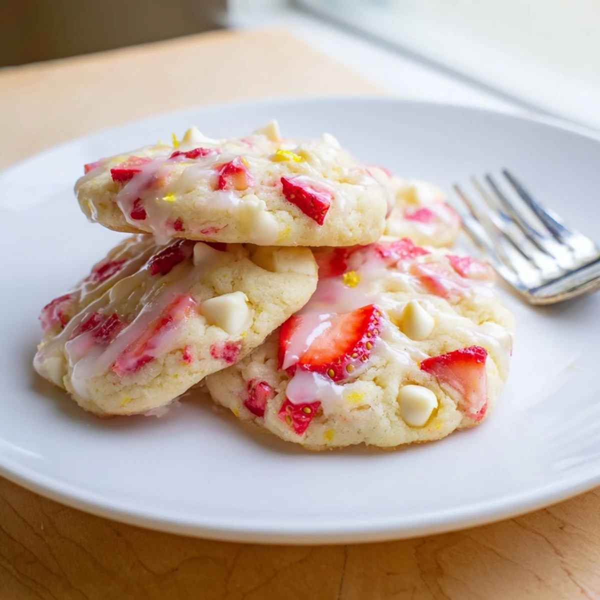 Soft strawberry lemonade cookies drizzled with tangy citrus glaze on rustic cooling rack