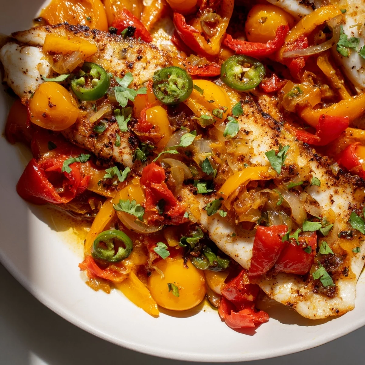 Golden tilapia fillets nestled in a spicy roasted pepper skillet with vibrant red and yellow bell peppers