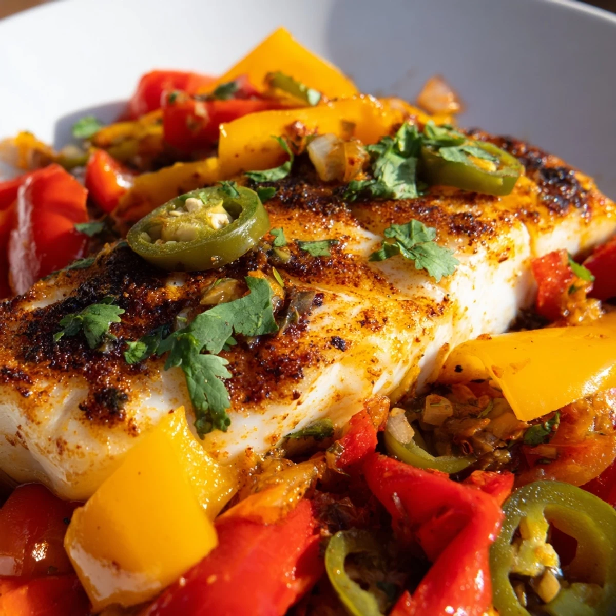 Spicy roasted pepper tilapia skillet simmering with tender fish juicy peppers and smoky paprika sauce