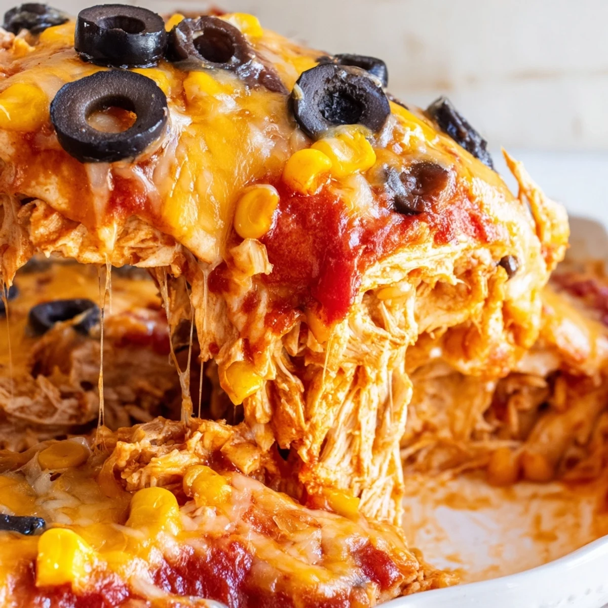 Golden bubbly cheese tops this hearty cheesy shredded chicken enchilada bake casserole fresh from the oven
