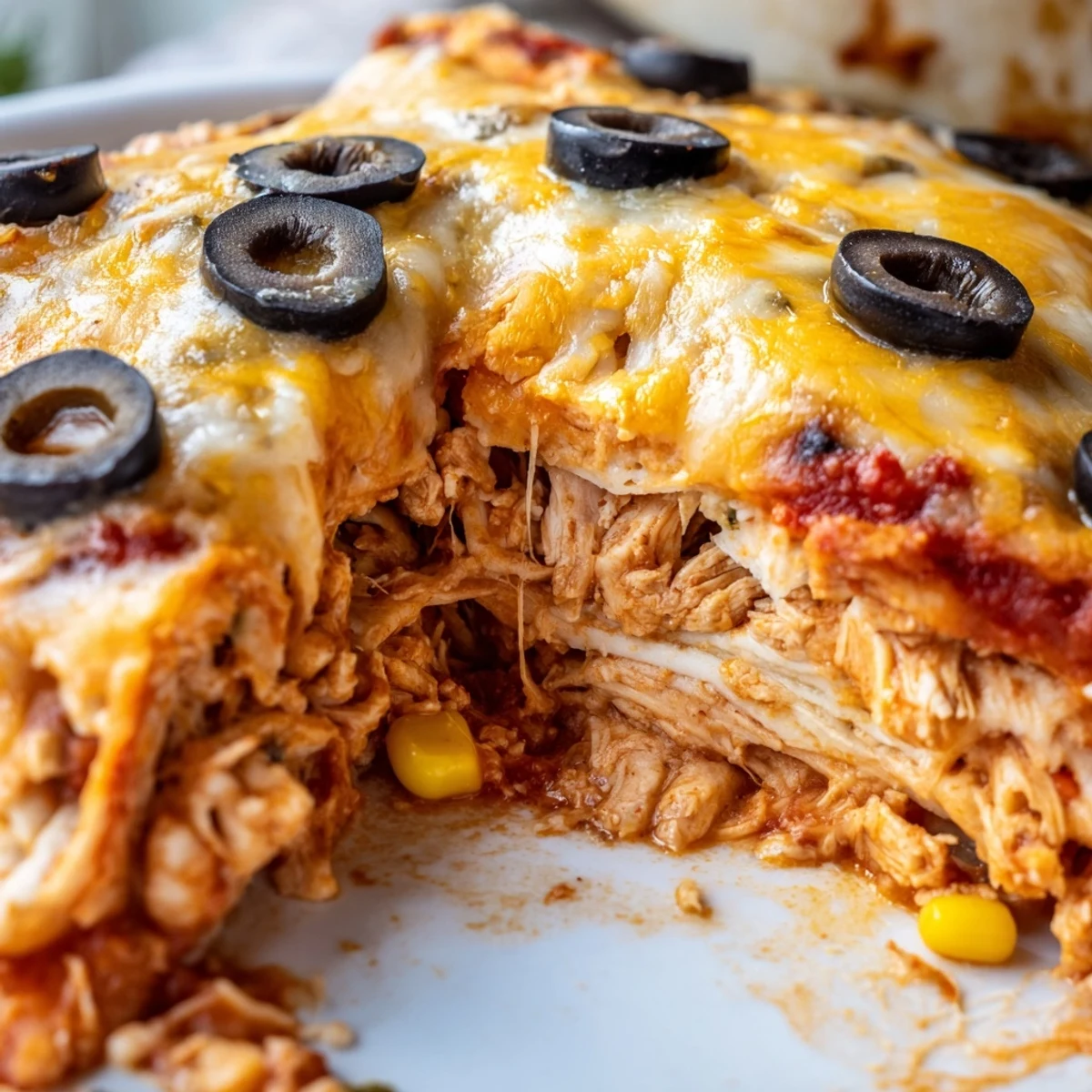 Spoon lifting a portion of cheesy shredded chicken enchilada bake reveals layers of tender tortillas