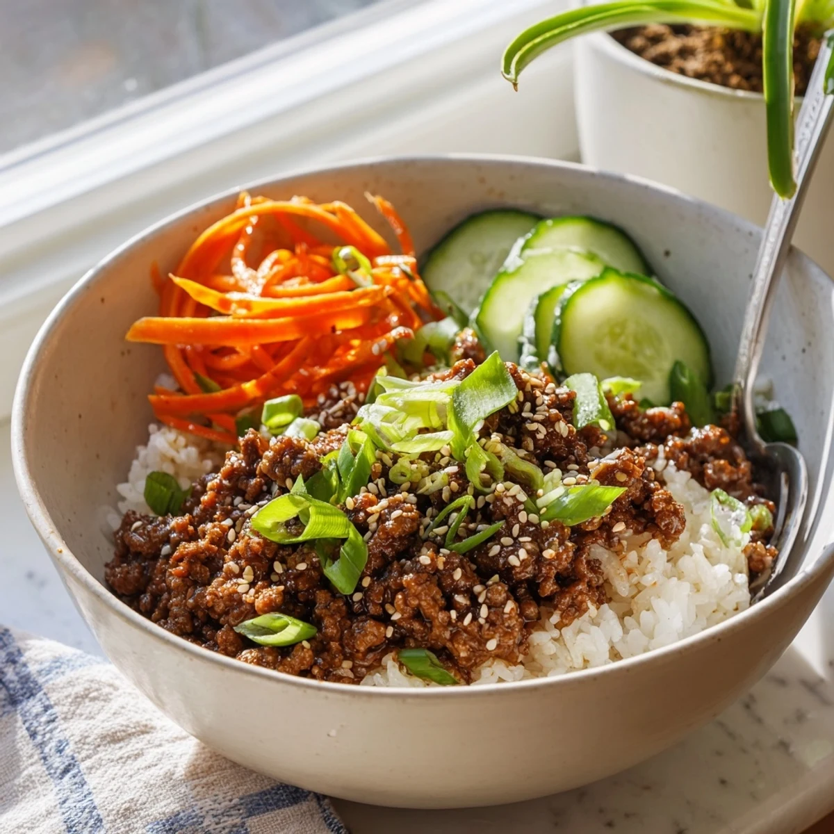 Korean beef bowls with caramelized ground beef and crisp vegetables over fluffy white rice