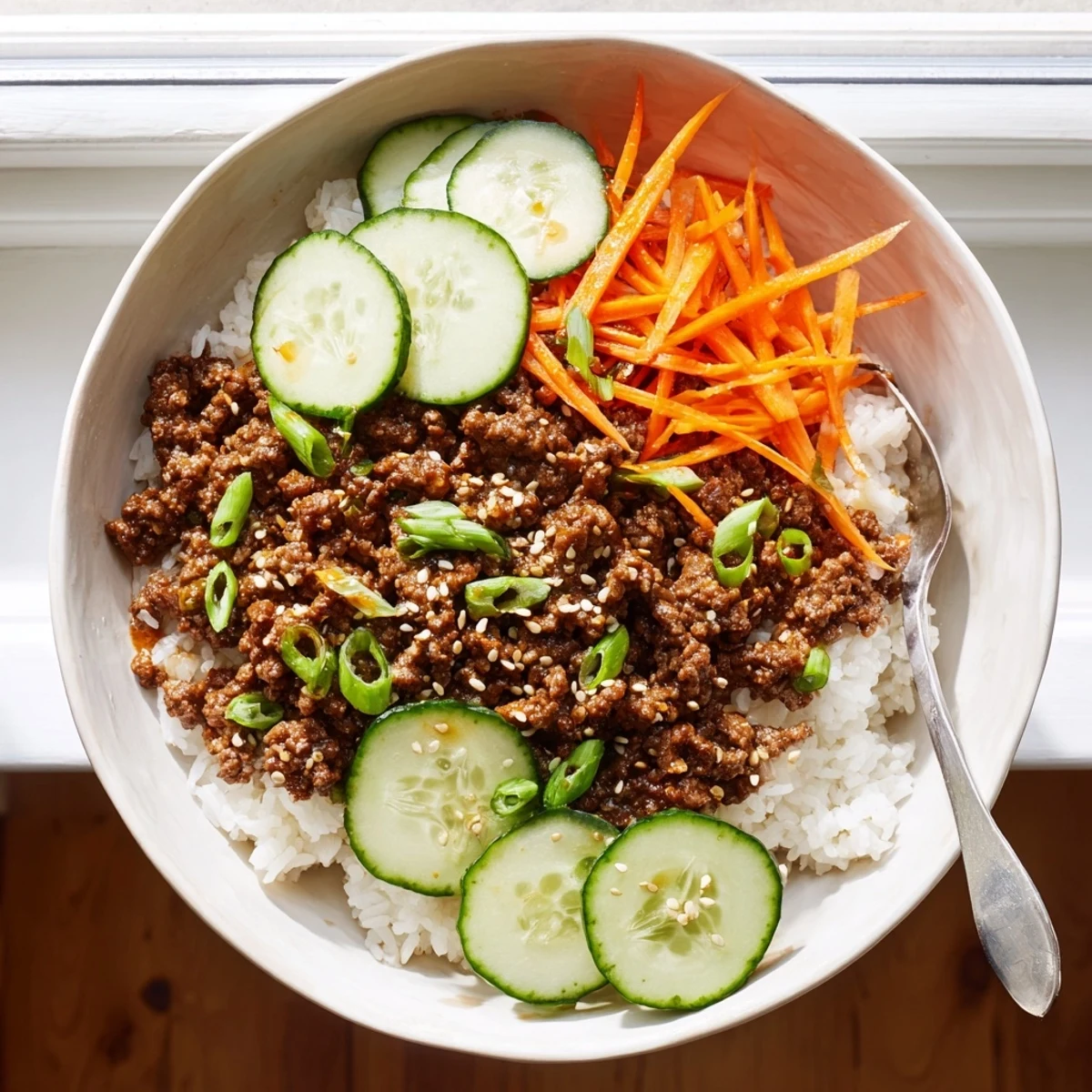 Savory Korean beef bowls topped with sesame seeds, scallions, and fresh crunchy carrots