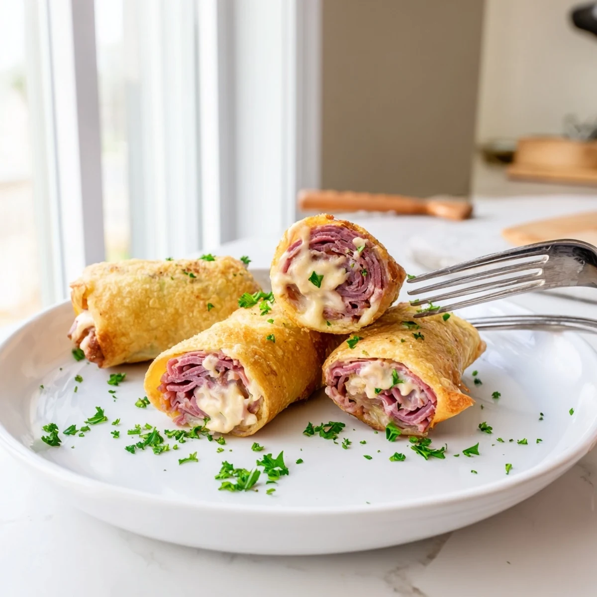 Golden Low Carb Reuben Egg Roll Ups stuffed with corned beef and melted Swiss cheese
